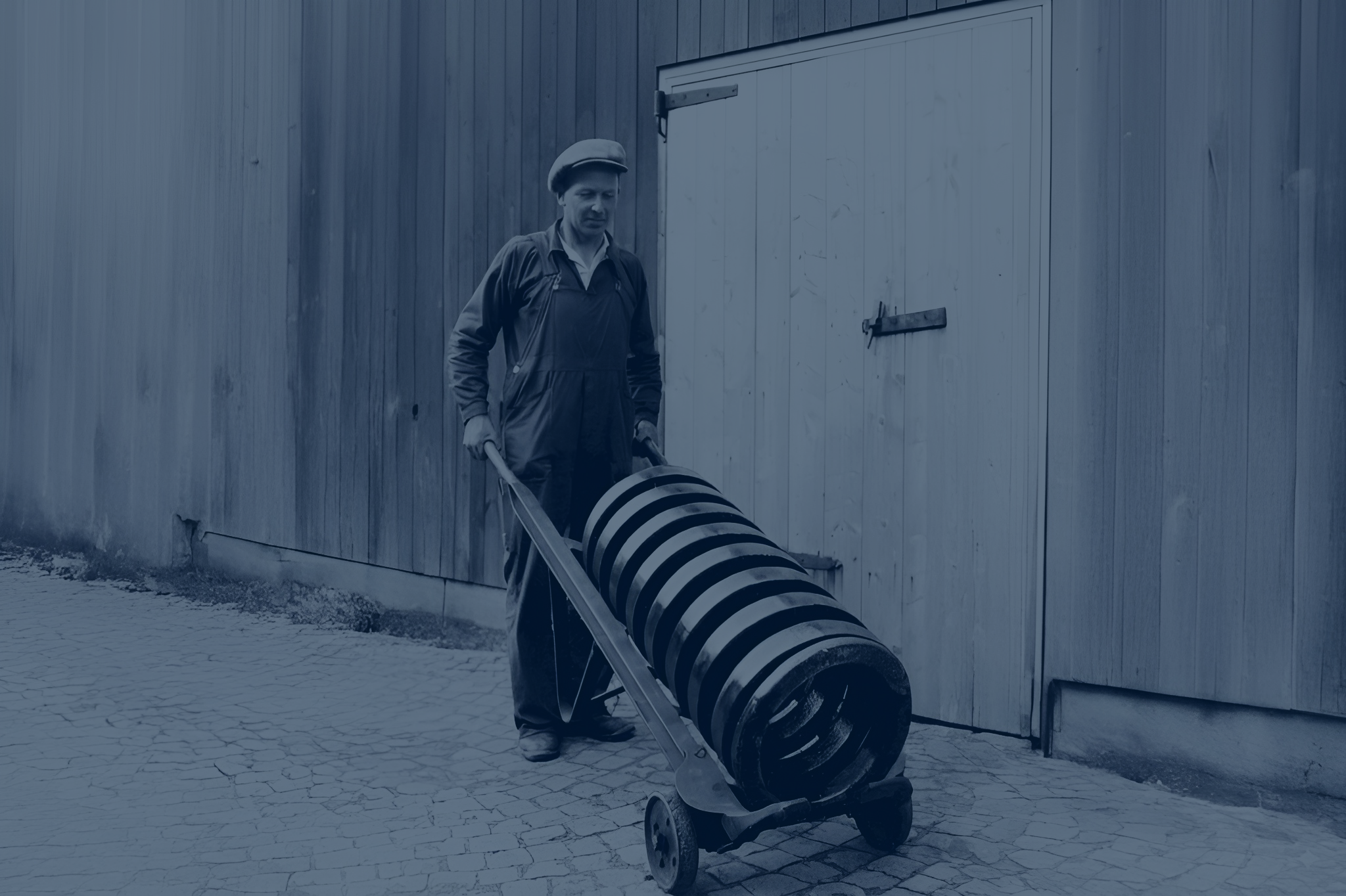 En man skjuter en stor vagn med hjul som transporterar en stor verktygsfjäder.